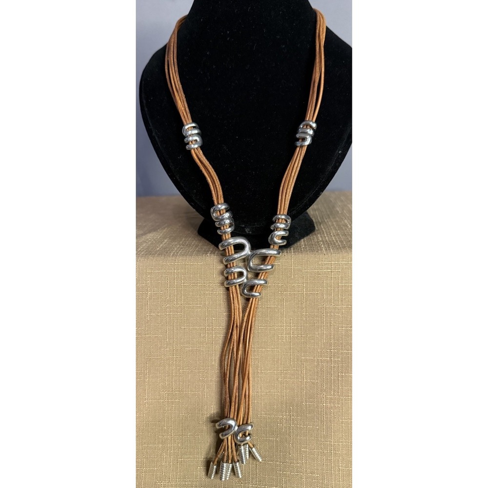 Boho Leather Silver Tone Bolo Necklace Jewelry